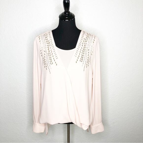 Cache light pink rhinestone bead faux wrap draped top size Extra Large XL - Picture 1 of 13
